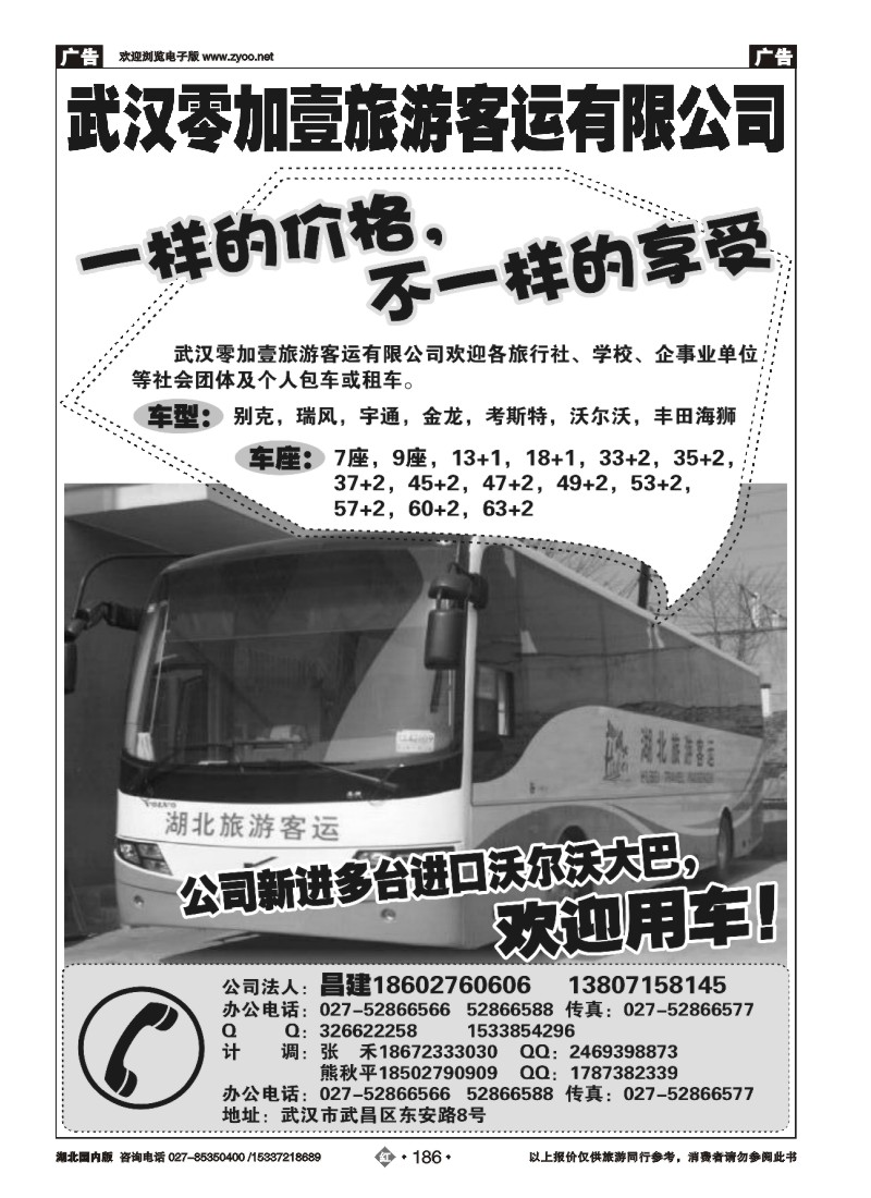 530ZHN186武汉零加壹旅游客运有限公司