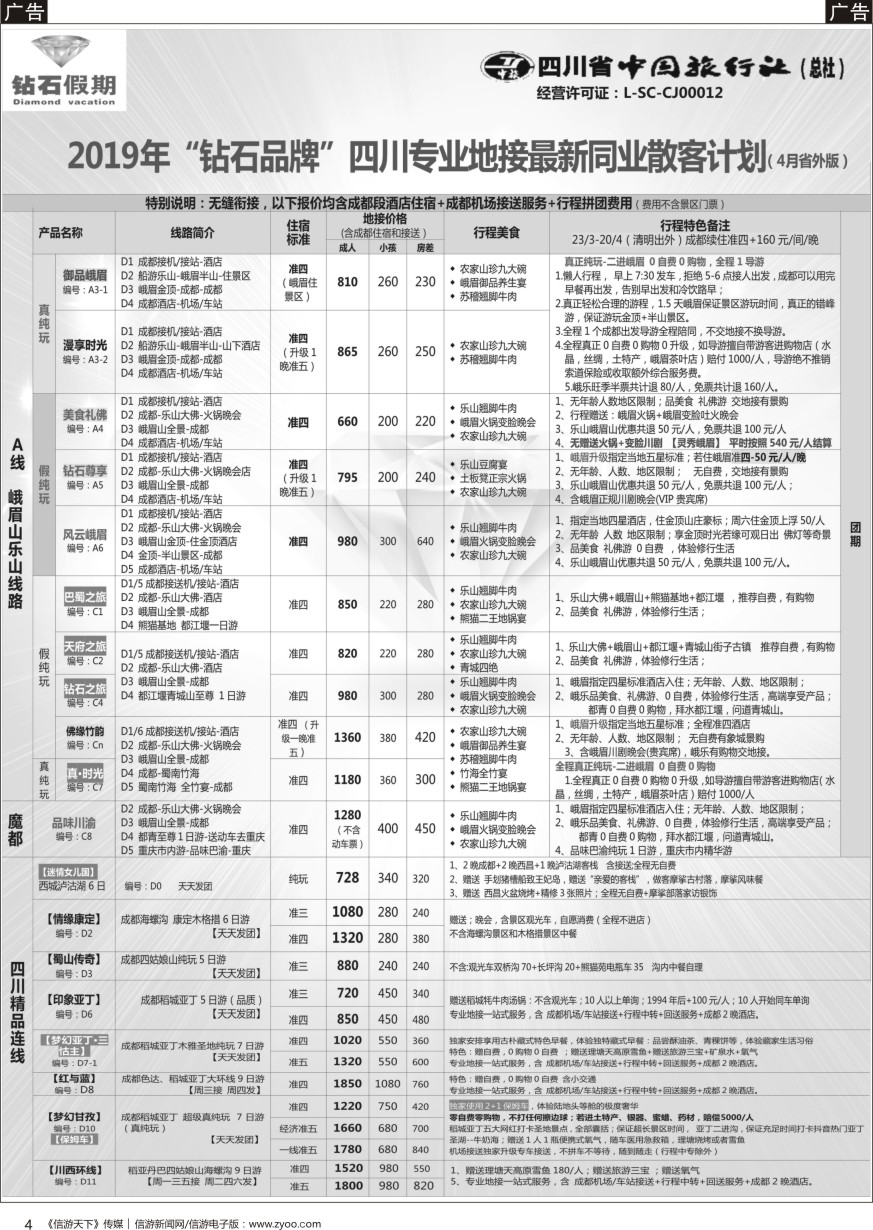 四川  b黑004  钻石假期—四川省中国旅行社（总社）峨眉山乐山金牌专线