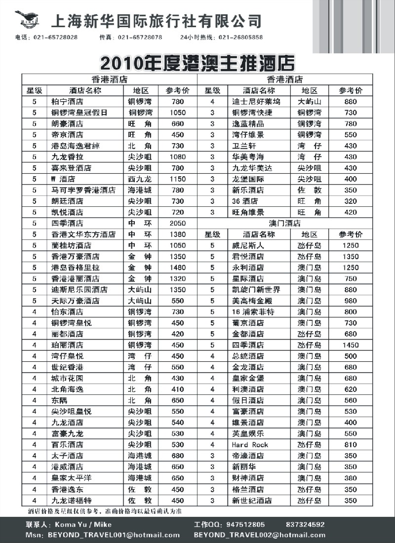 d56 上海新华旅游社港澳订房中心