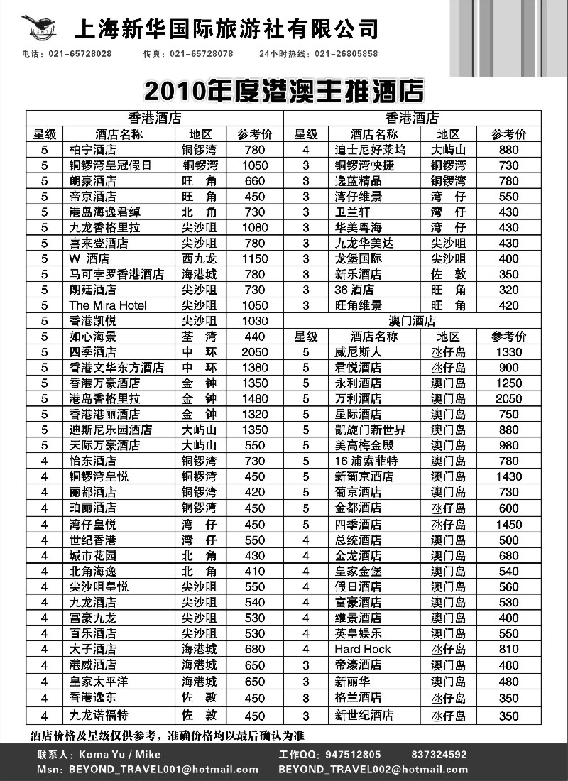 d51 上海新华旅游社港澳订房中心