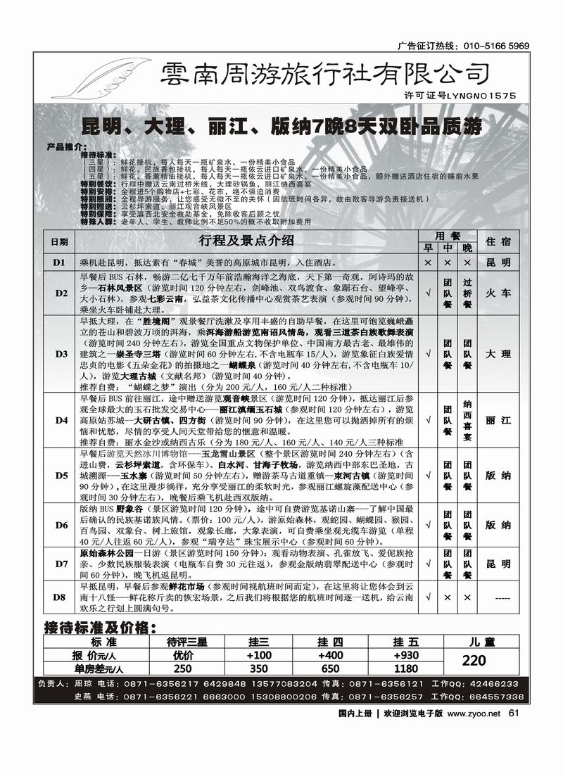 云南周游旅行社-昆、丽、版纳火车专线    61