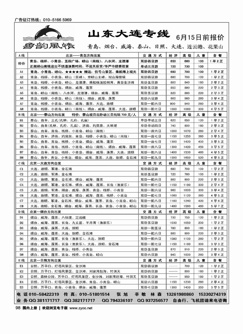 鲁韵风情·青岛、大连、泰山、日照  同业专线（第一）(与澎渤假期对开)