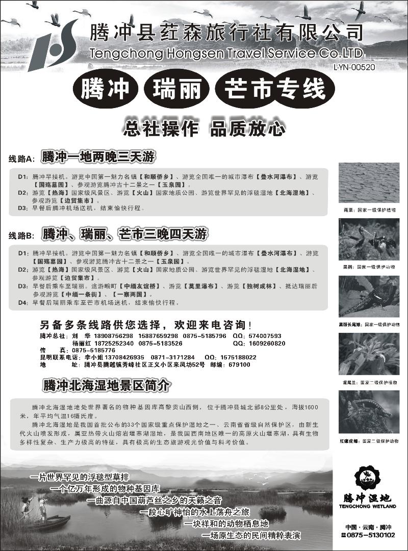 云南腾冲荭森旅行社有限公司（山西、青岛、东北、河北、天津、北京、无锡、浙江、重庆、上海、内蒙）
