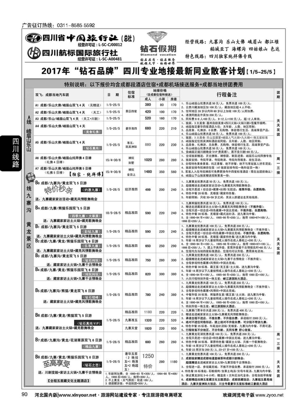 90 四川省中国旅行社（总社）四川地接·钻石假期·九寨黄龙稻城亚丁专线 