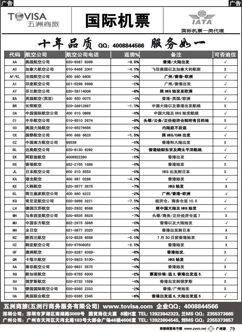 b079 五洲商旅国际机票政策