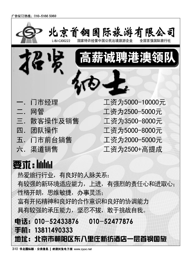 北京首钢国际旅游有限公司招聘