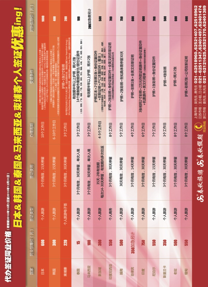 h彩14 春秋假期——日韩+东南亚+南亚签证同业特惠