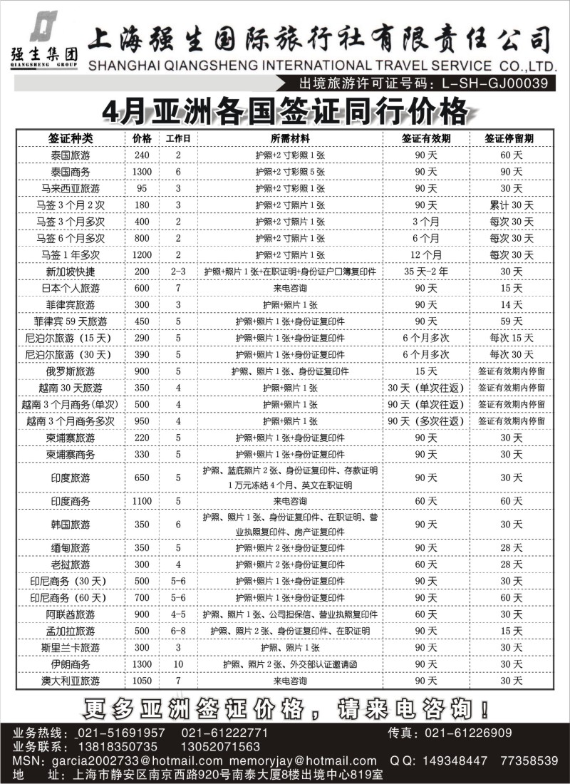a4 上海强生国旅东南亚签证