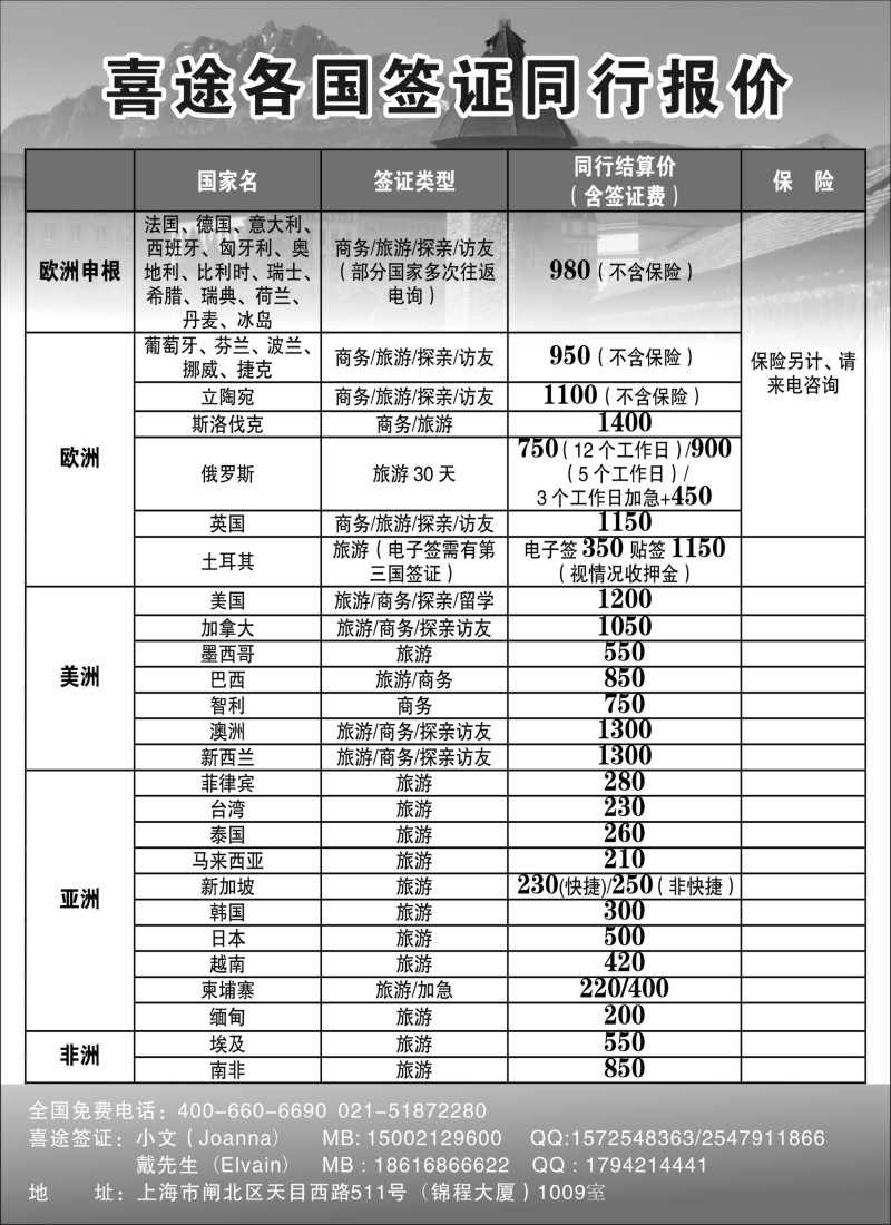 a15   喜途各国签证同行报价