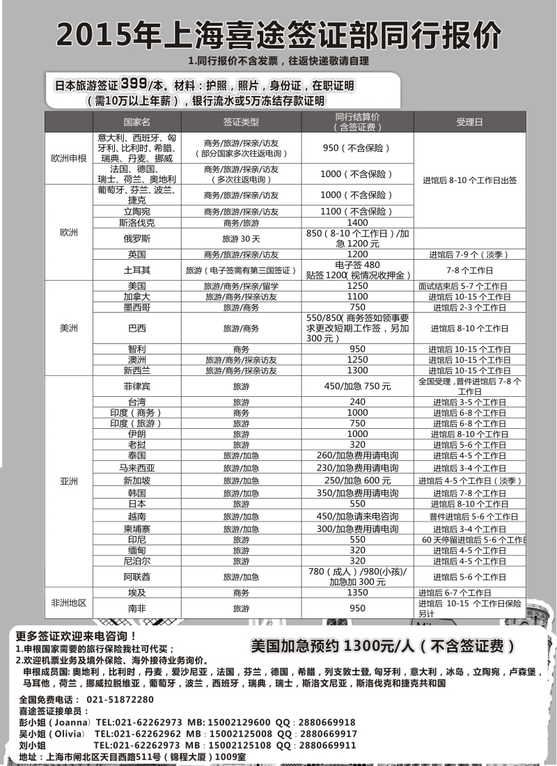 b19上海喜途旅游签证部同行报价