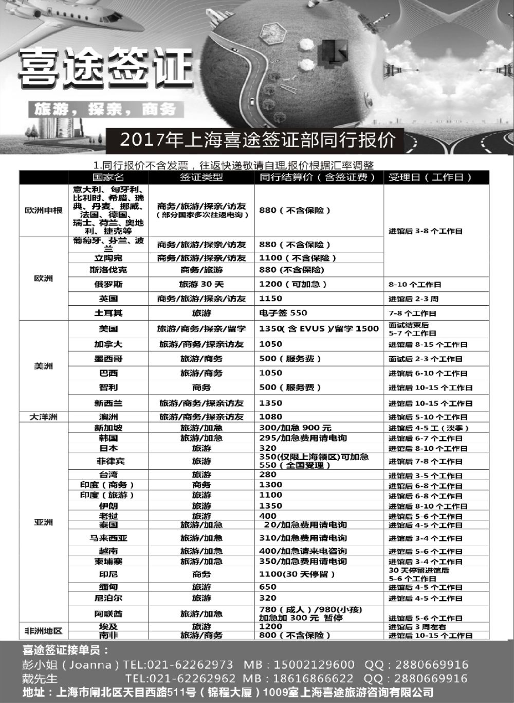 15上海喜途旅游签证部同行报价