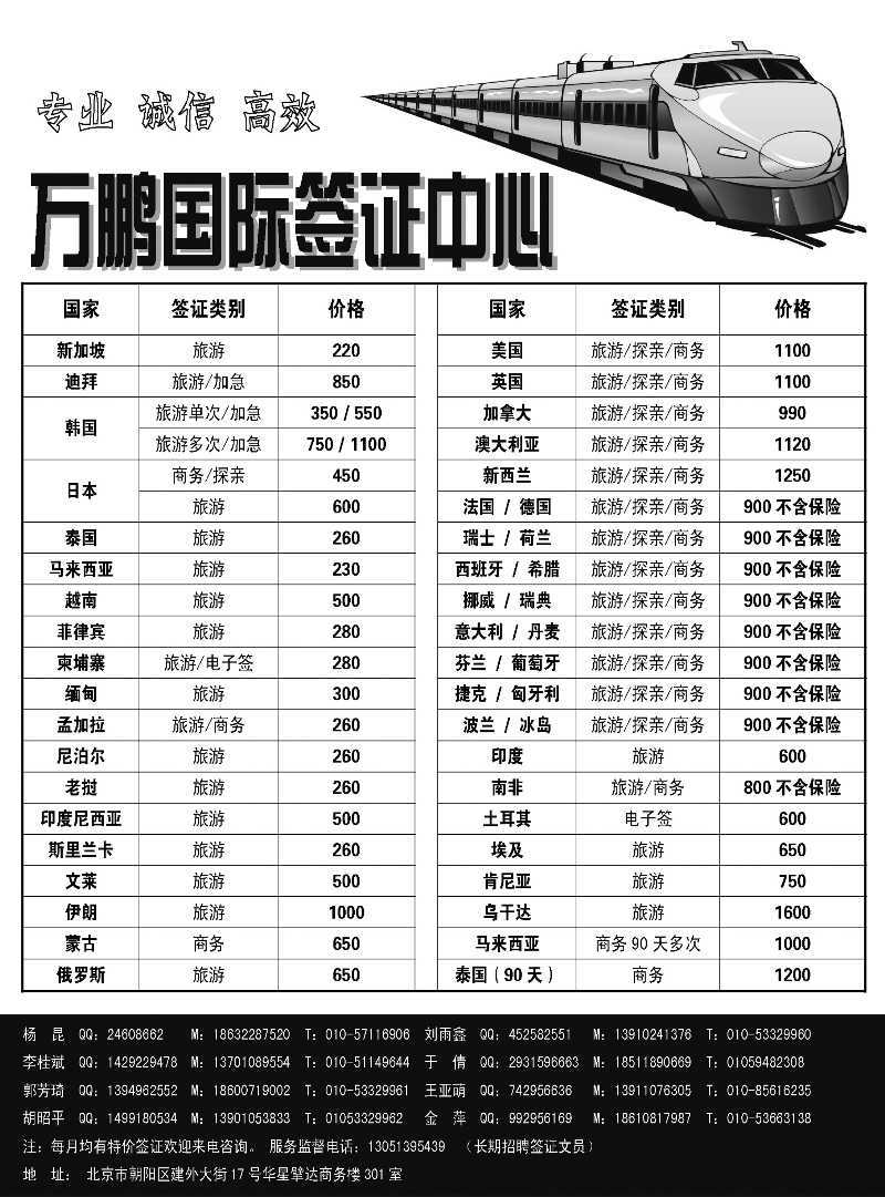 万鹏国际签证中心（北京，天津，河北，河南，内蒙，青岛）