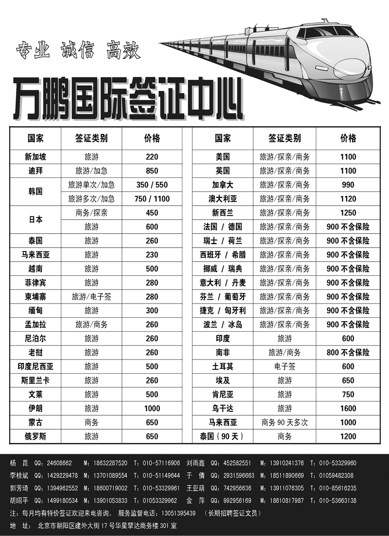 万鹏国际签证中心（北京，天津，河北，河南，内蒙，青岛）