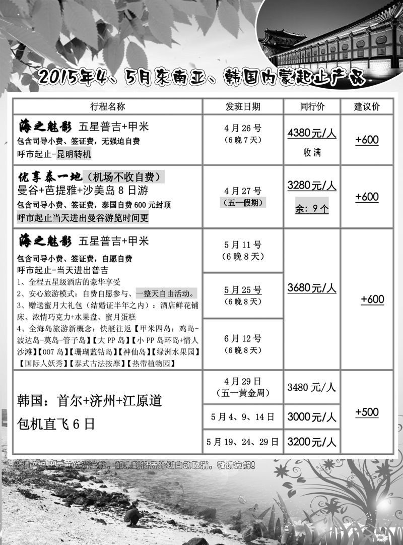 2015年4、5月东南亚、韩国内蒙起止产品2