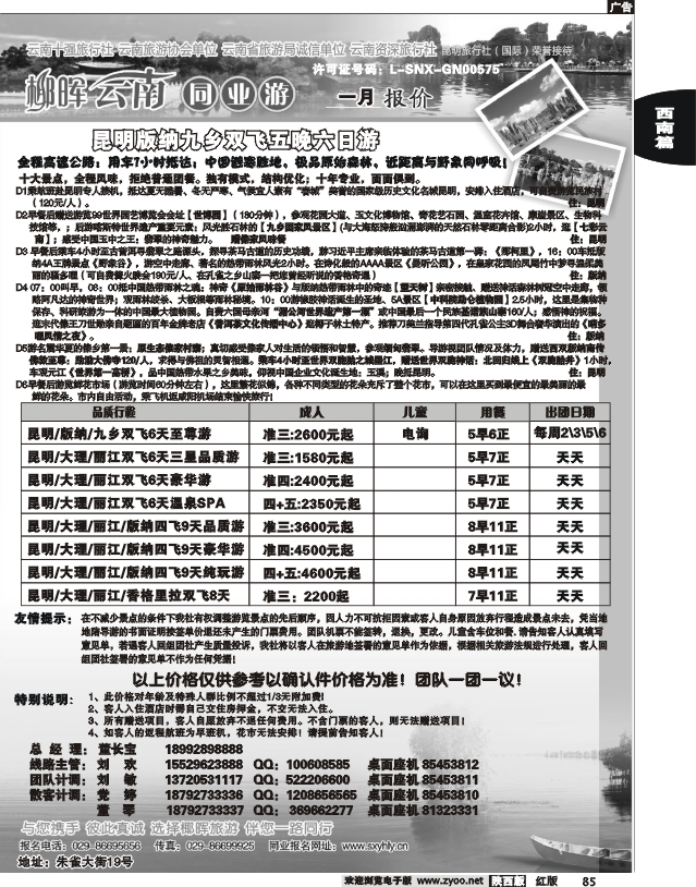 椰晖云南同业1月份报价