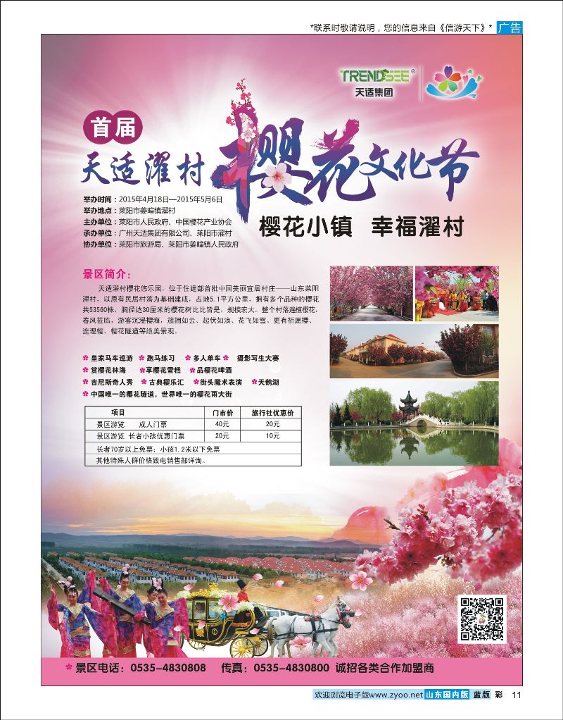 彩11 天适樱花悠乐园--首届莱阳濯村樱花节  省内专线