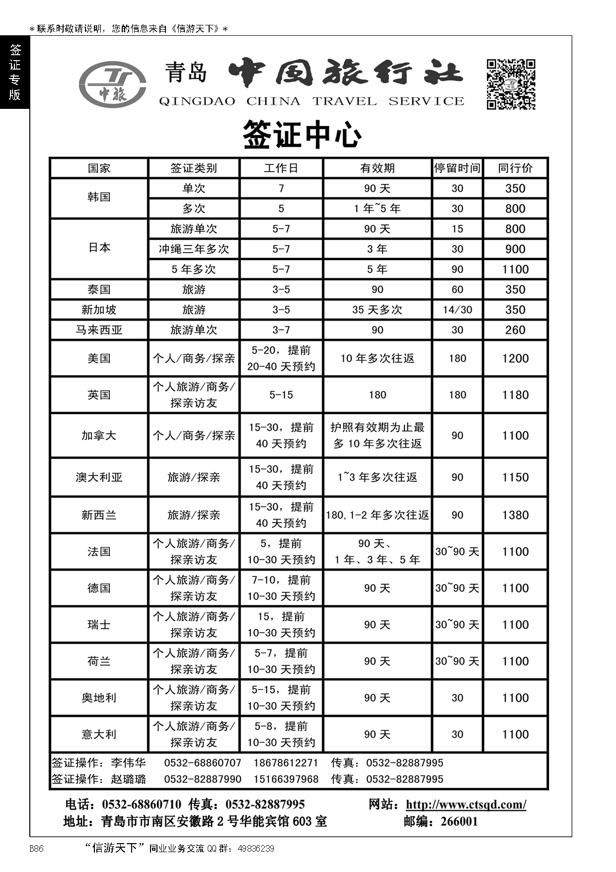 B黑086签证中心-青岛中国旅行社