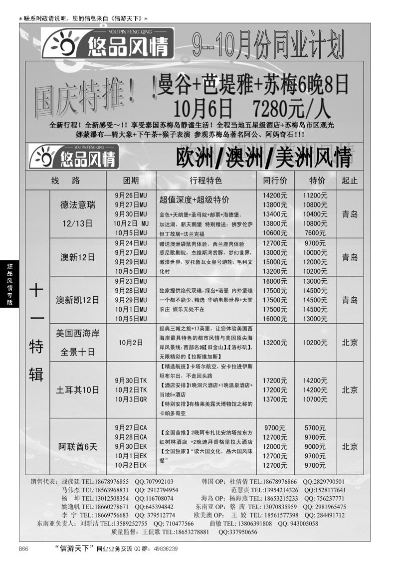 B黑066悠品风情—欧澳专线