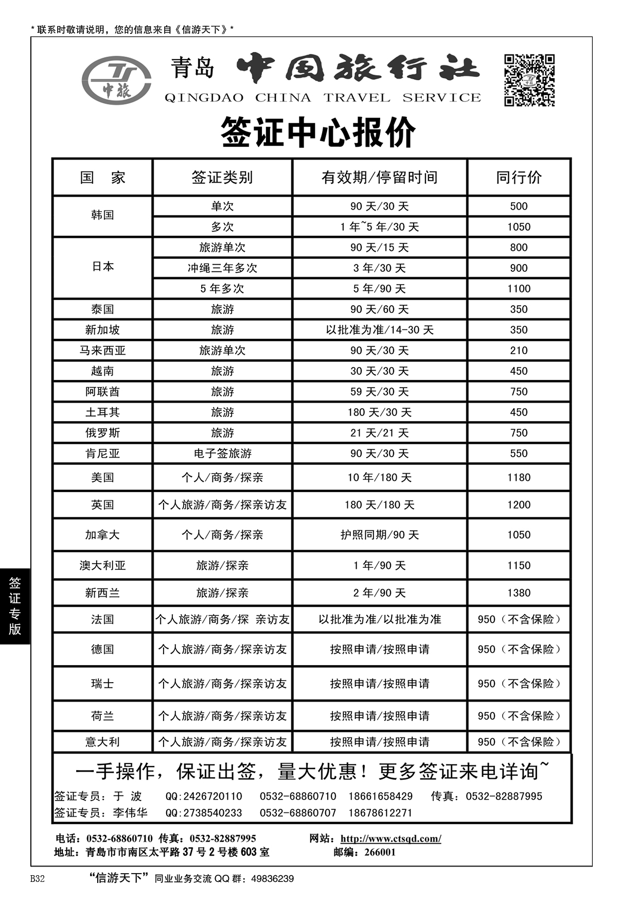 B黑032签证中心——青岛中国旅行社