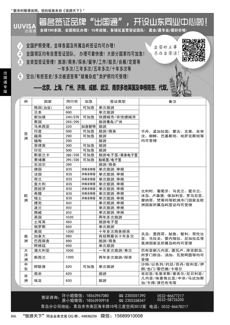 B黑066出国通 青岛签证中心