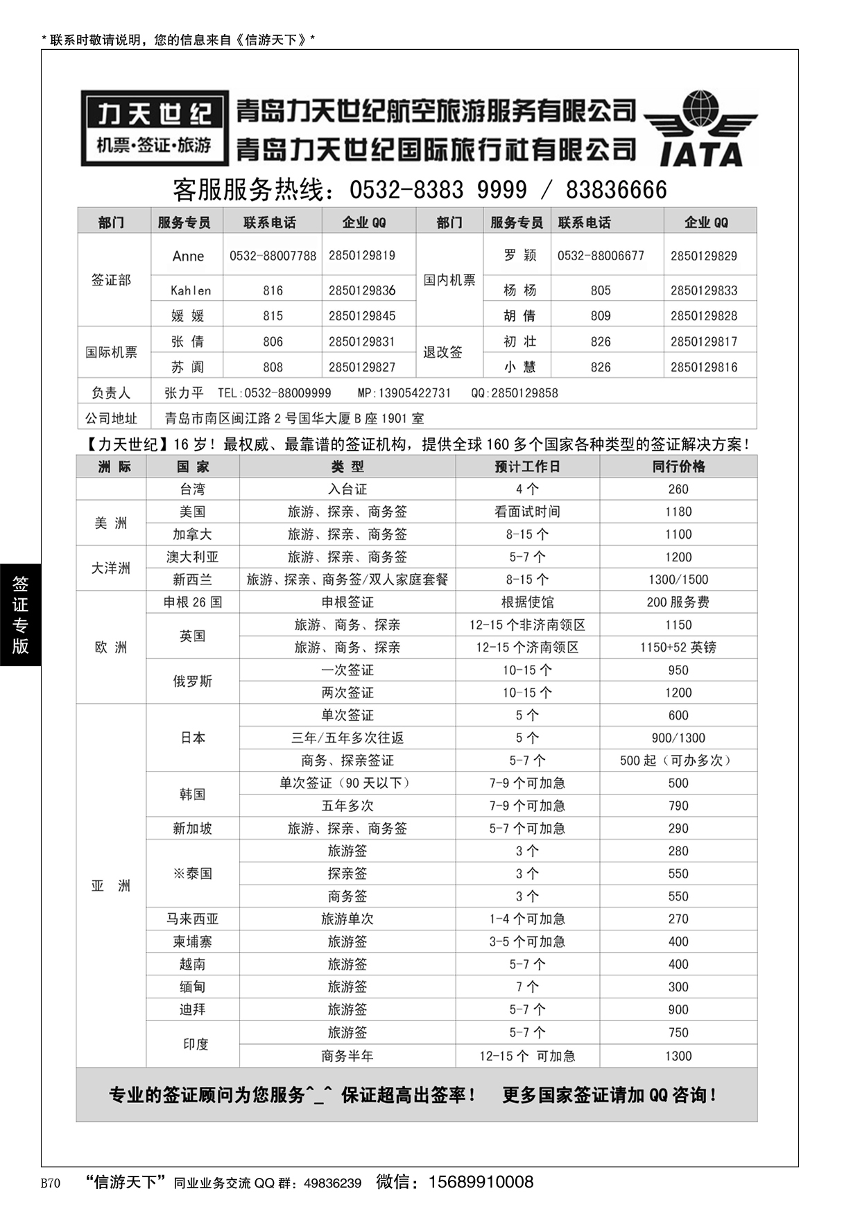 B黑070力天世纪航空--全球160国家签证……签证专版