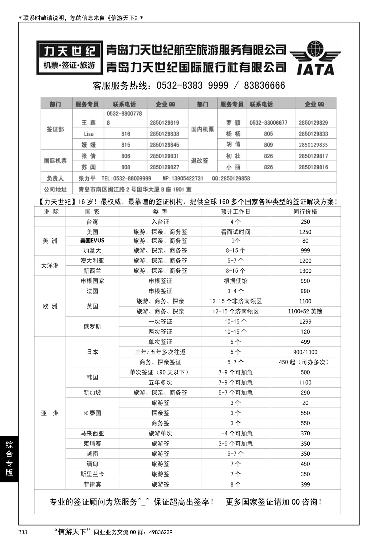 038力天世纪航空——全球160国家签证…………综合专版