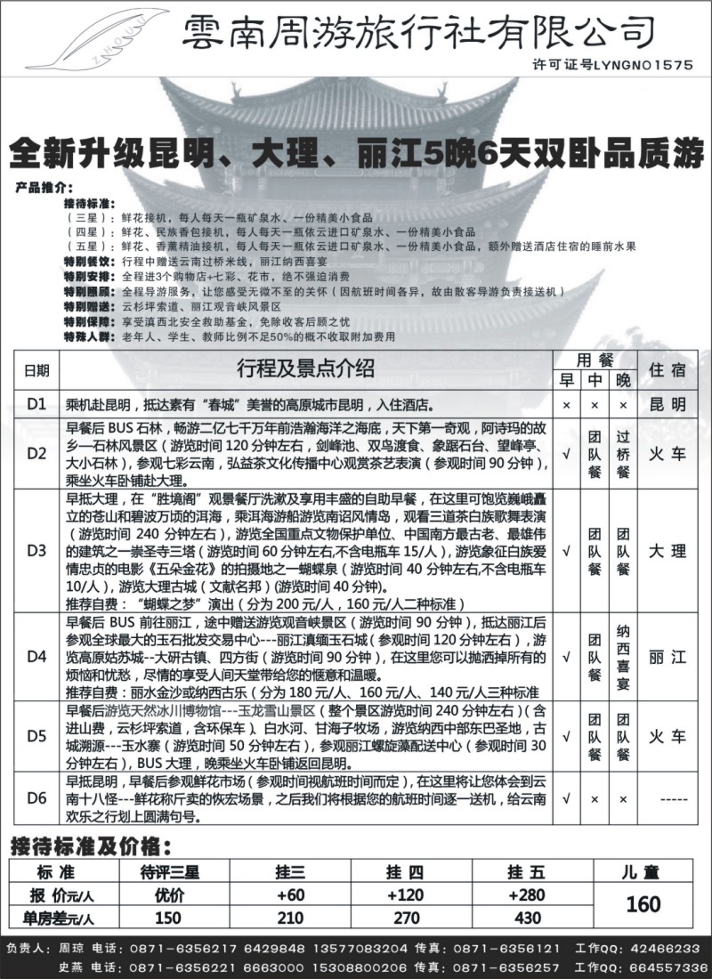 s75 云南周游旅行社-昆、大、丽火车专线