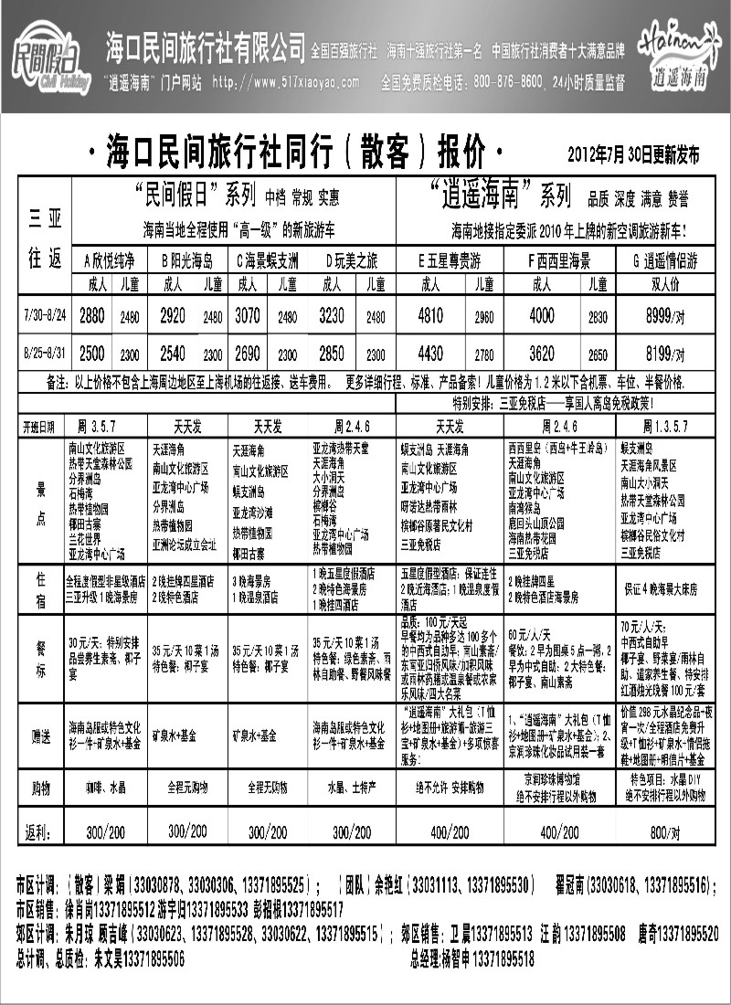 s150 海口民间旅行社自由人报价