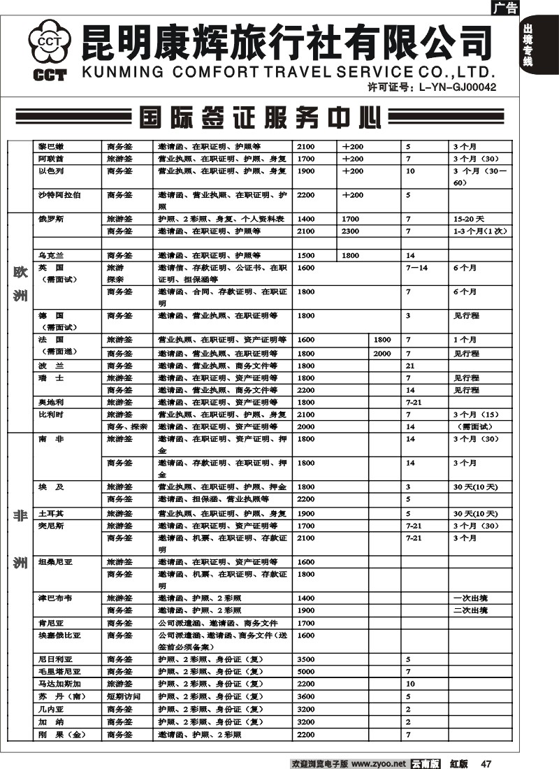 国际047 昆明康辉 签证价格