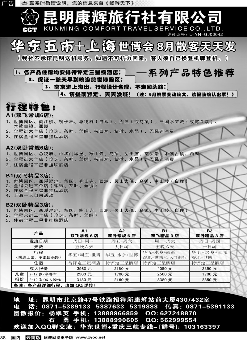 国内88 昆明康辉-云旅国际：华东五市+上海世博专线