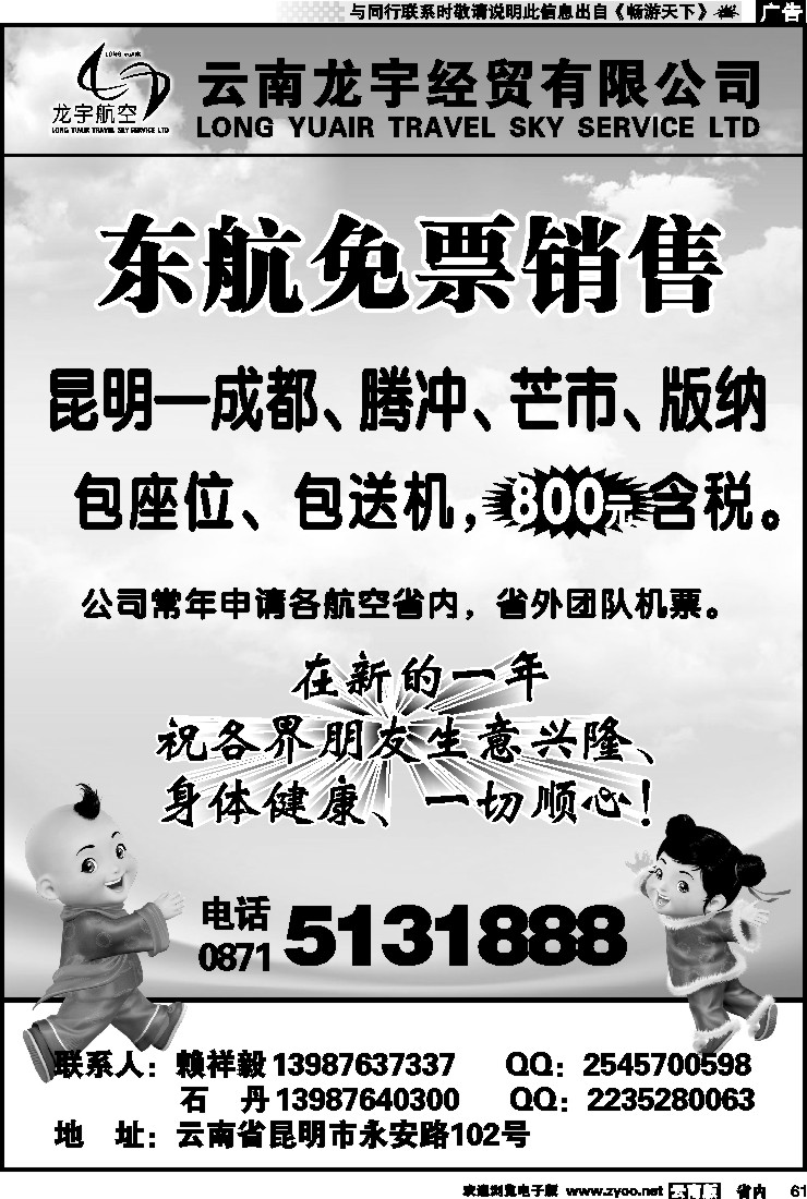 省内061 云南龙宇航空票务