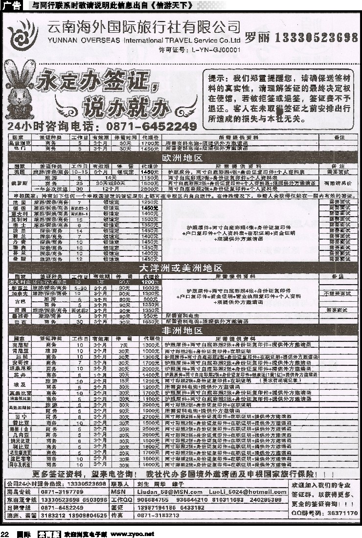 国际022 云南海外-永定签证