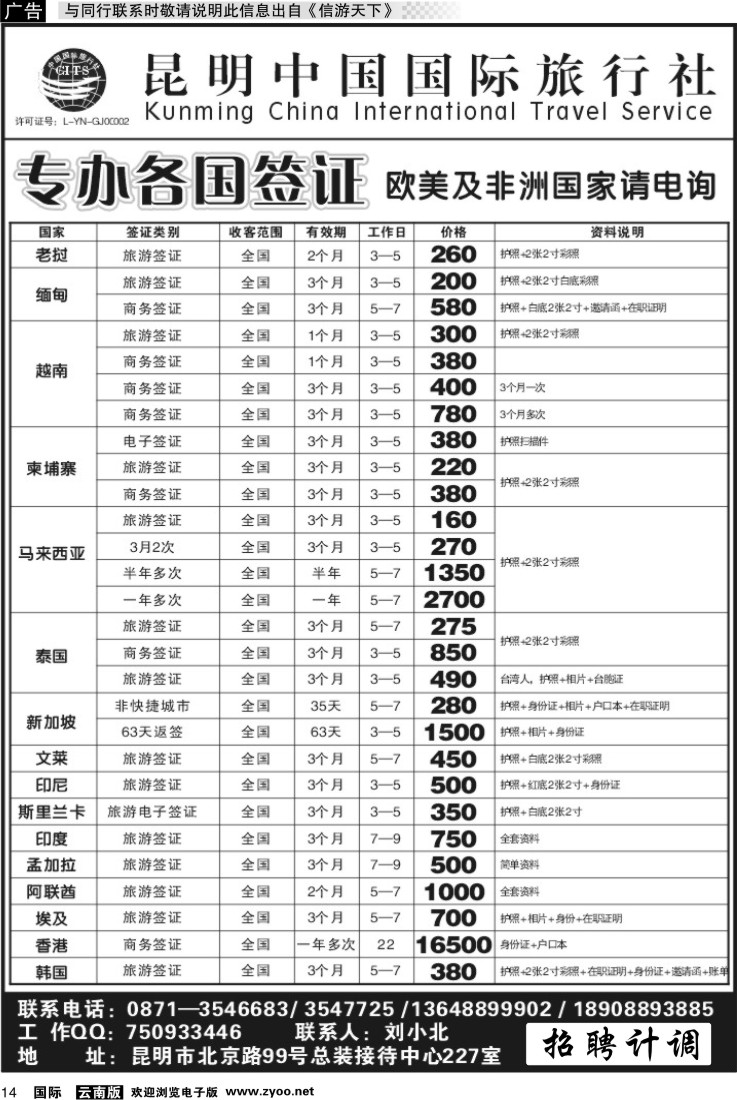 国际014 昆明中国国际旅行社-签证