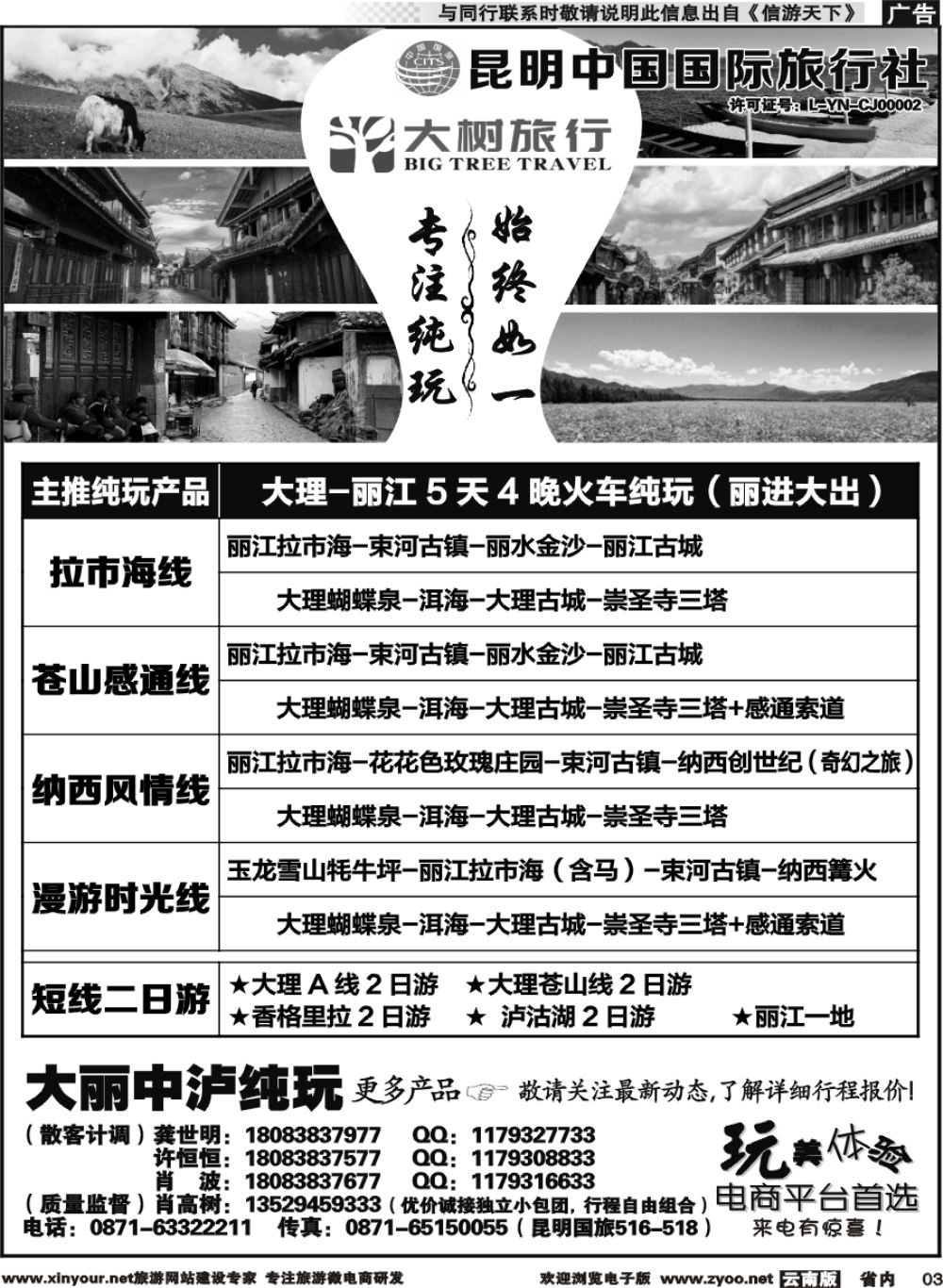 省内003 昆明中国国旅-大树旅行-大丽专线