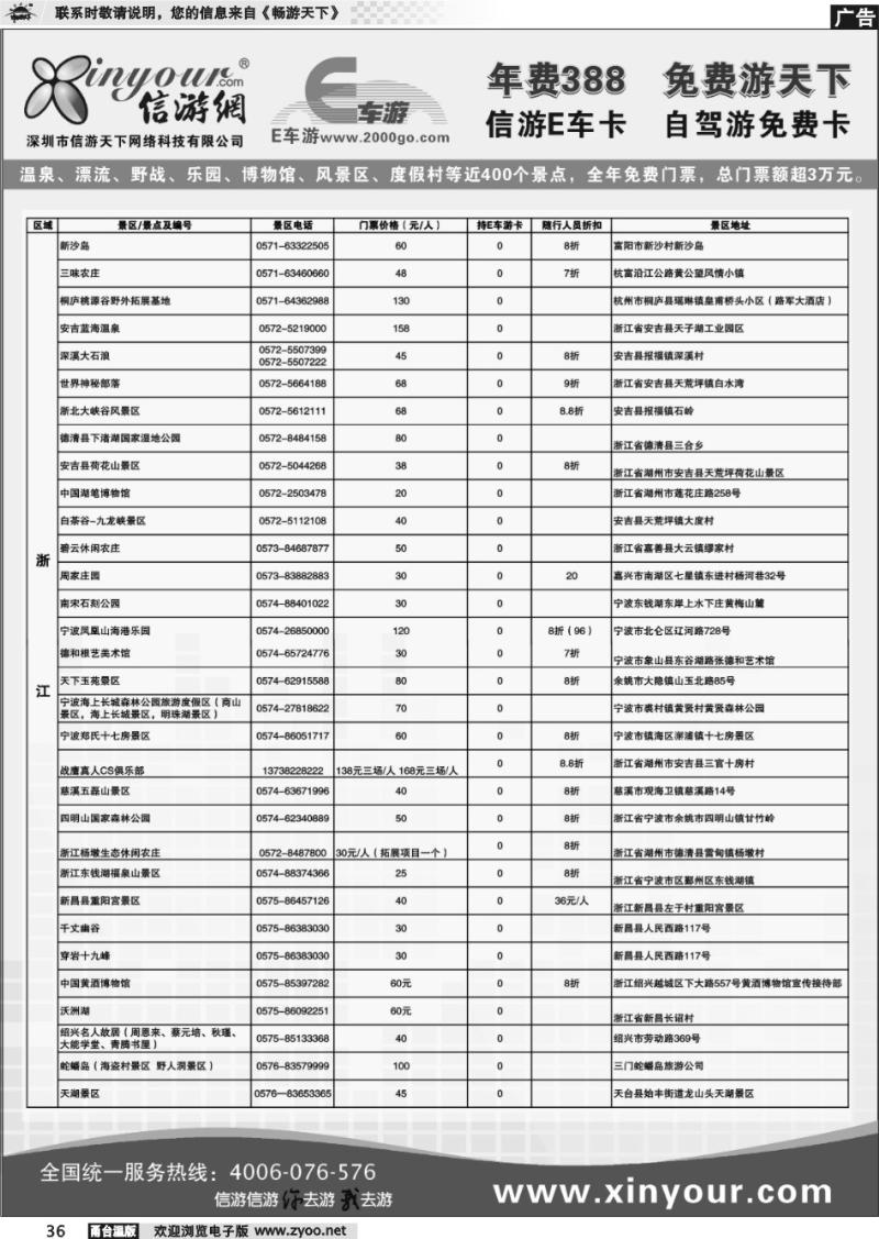 36 信游网E车卡免费景区.浙江