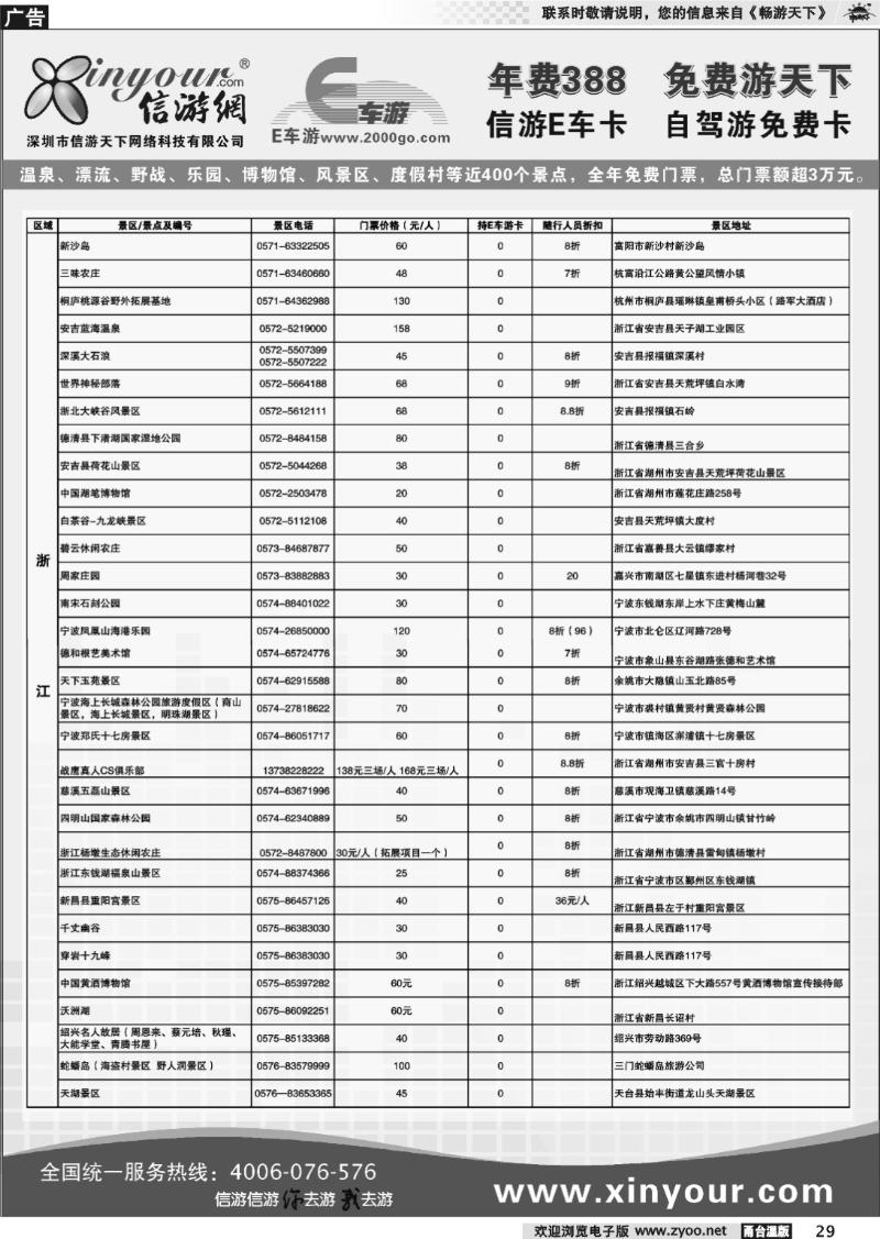 29 信游网E车卡免费景区.浙江