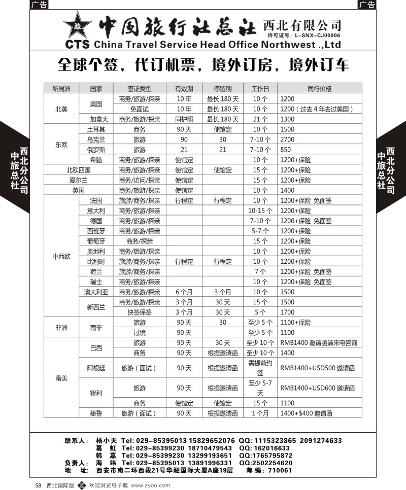 签证  b黑058  中旅总社西北公司-2015年1月全球个签  
