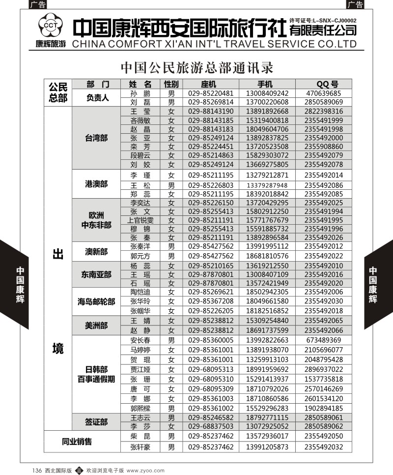 b黑136 樊513期 中国康辉西安国际旅行社通讯录