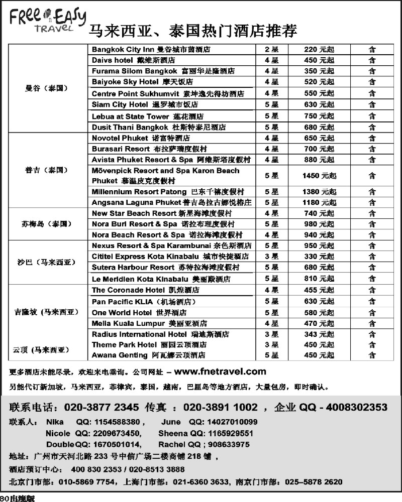 80   350期 张集文 FNE--TRAVEL 泰国 马来西亚热门酒店(西南国际)