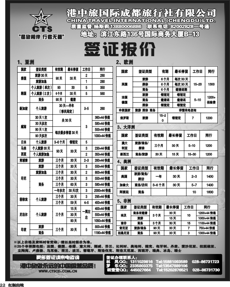 H22 港中旅签证 亚洲 欧洲 大洋洲 美洲 非洲