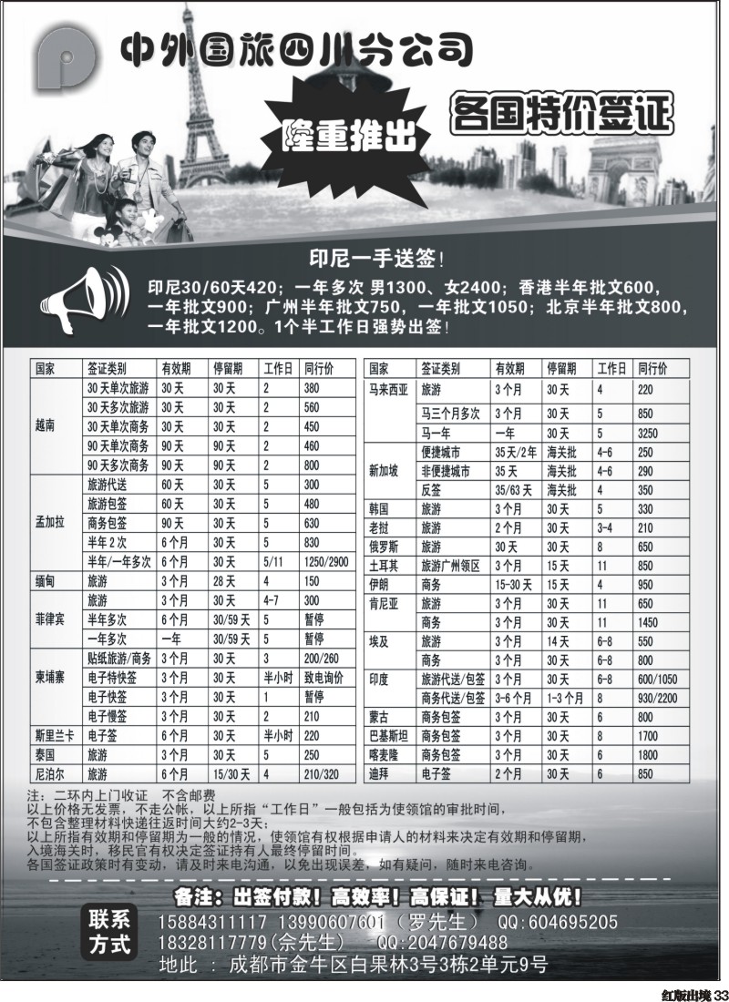 H33  曾451期 中外国旅签证中心特价东南亚一手签证