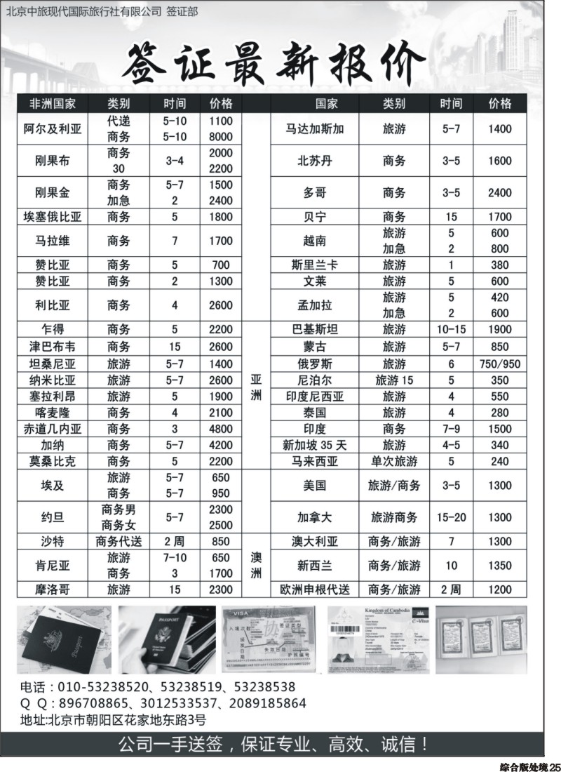 H025  北京中旅现代国际旅行社有限公司：签证最新报价