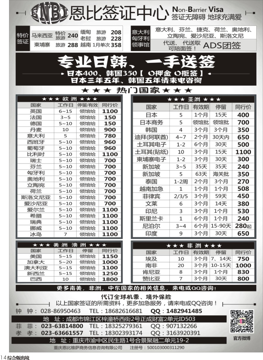 H14 恩比签证-欧洲、亚洲、美洲、澳洲、非洲 