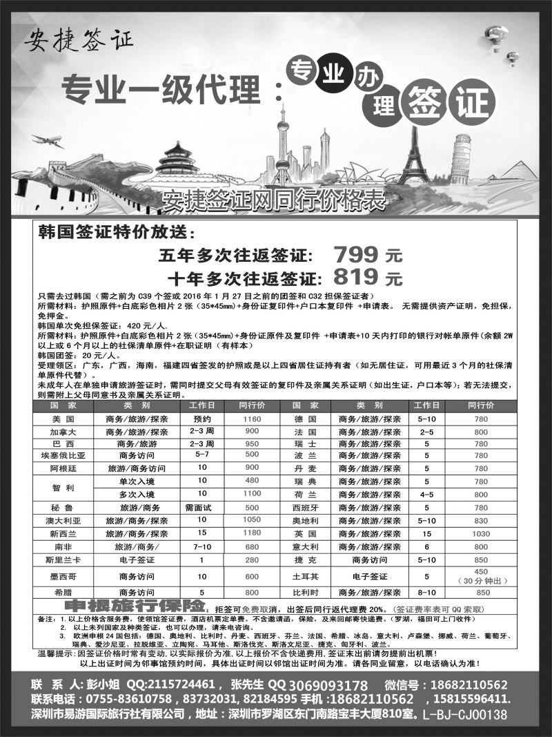 一手日韩签证，欧美签证(黑白)