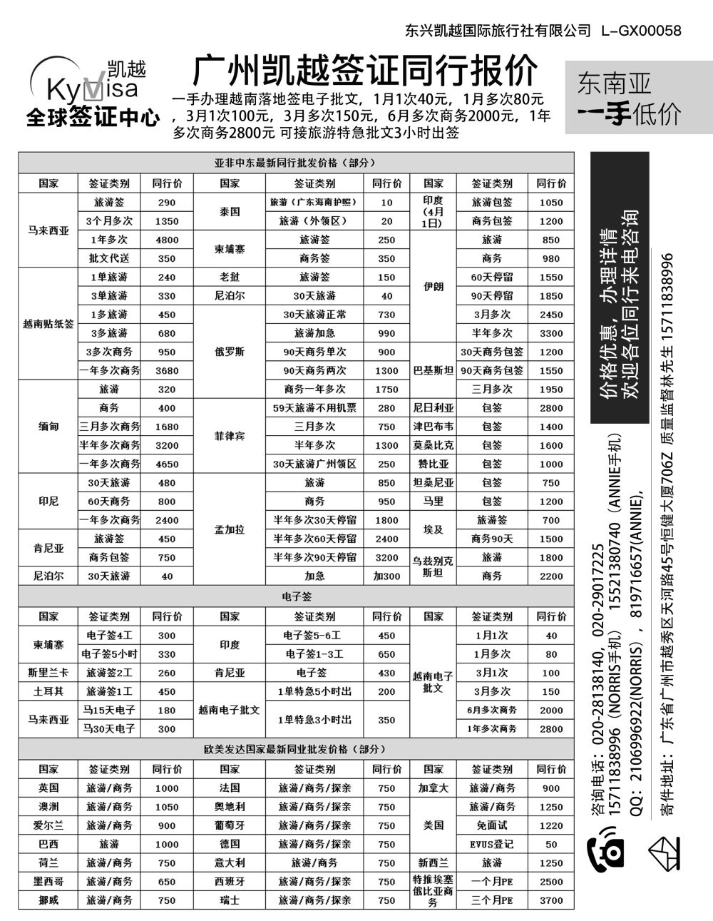 广州凯越签证——各国签证一手送签｛11045｝广东国际版、海南版