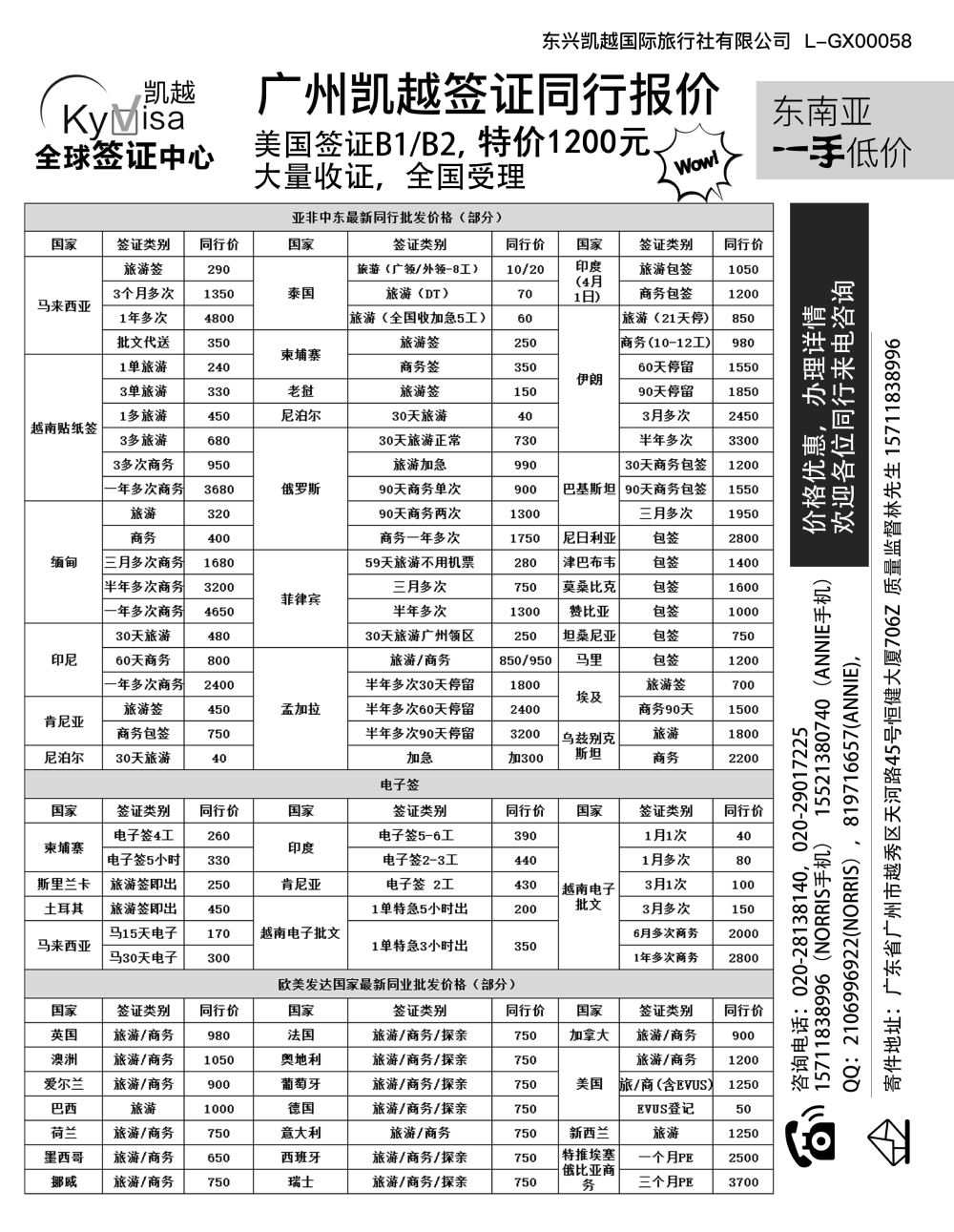 广州凯越签证——各国签证一手送签｛11045｝广东国际版、海南版