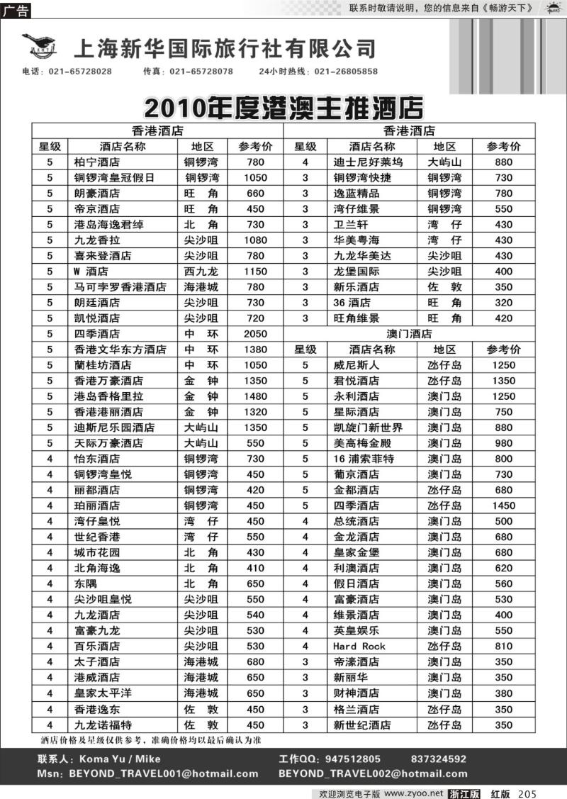 205  上海新华旅游社港澳订房中心