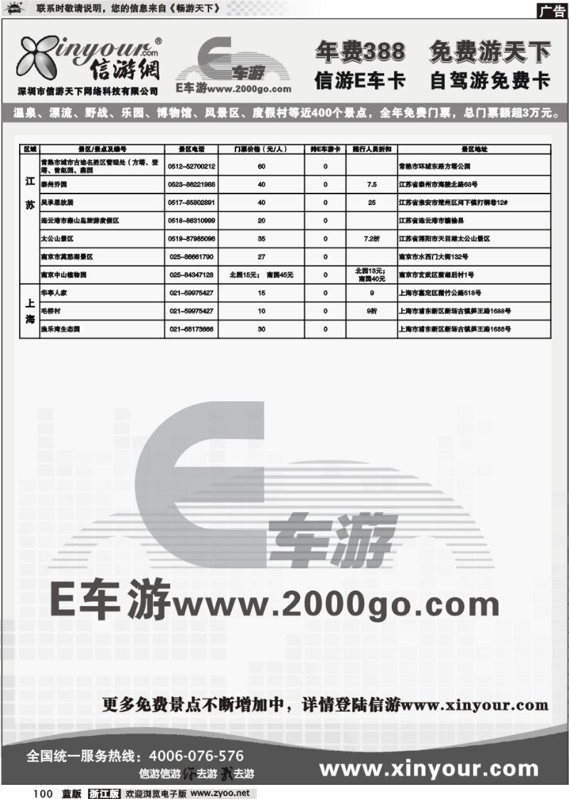 100 信游网.E车卡免费景点