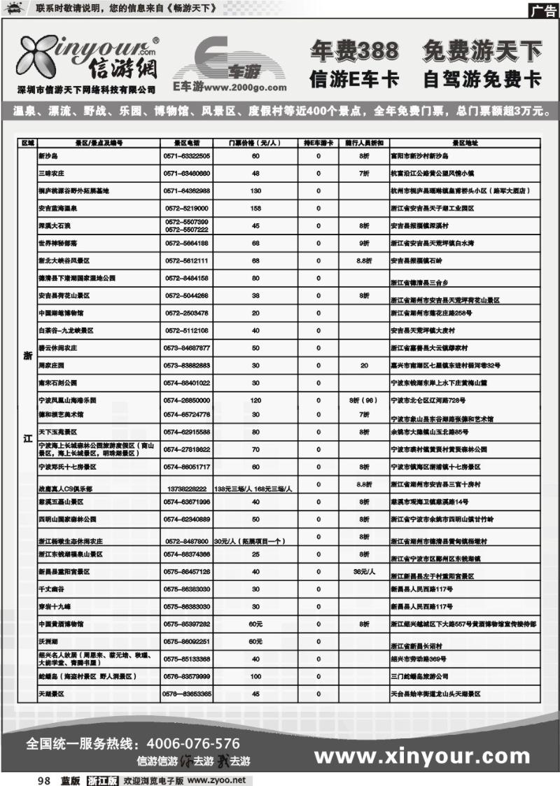 98 信游网.E车卡免费景点
