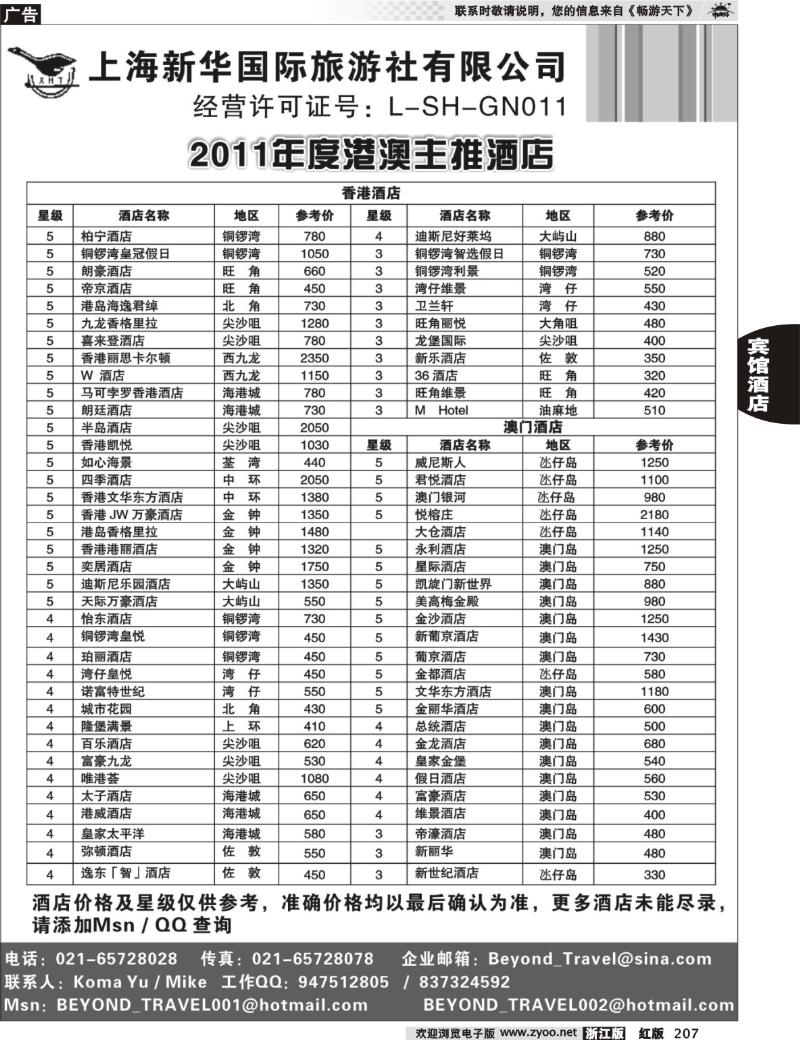 207  上海新华旅游社港澳订房中心